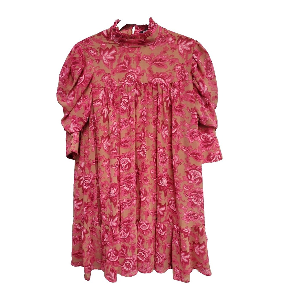 Boohoo PRINTED PUFF SLEEVE RUFFLE NECK SMOCK DRESS US 8 Pink Floral NWT